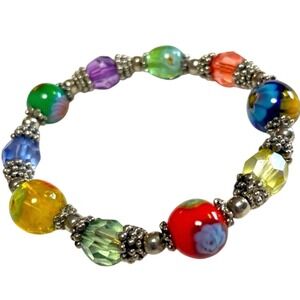 Silver tone Bracelet Stretch Floral Glass Colorful Red Blue Green Yellow
